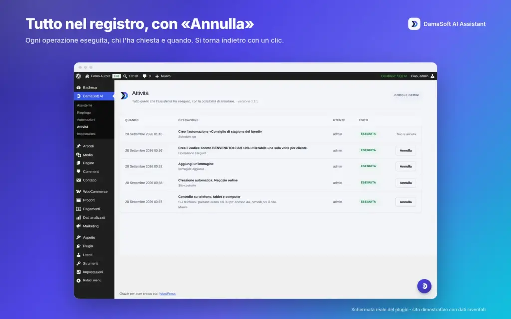 Operazioni, orari, esiti e comando Annulla dove disponibile. Demo originale 1.6.1 con dati inventati.