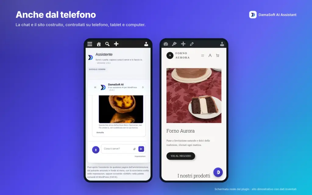 Chat del backend e sito Forno Aurora in due viste mobili. Demo originale 1.6.1 con dati inventati.