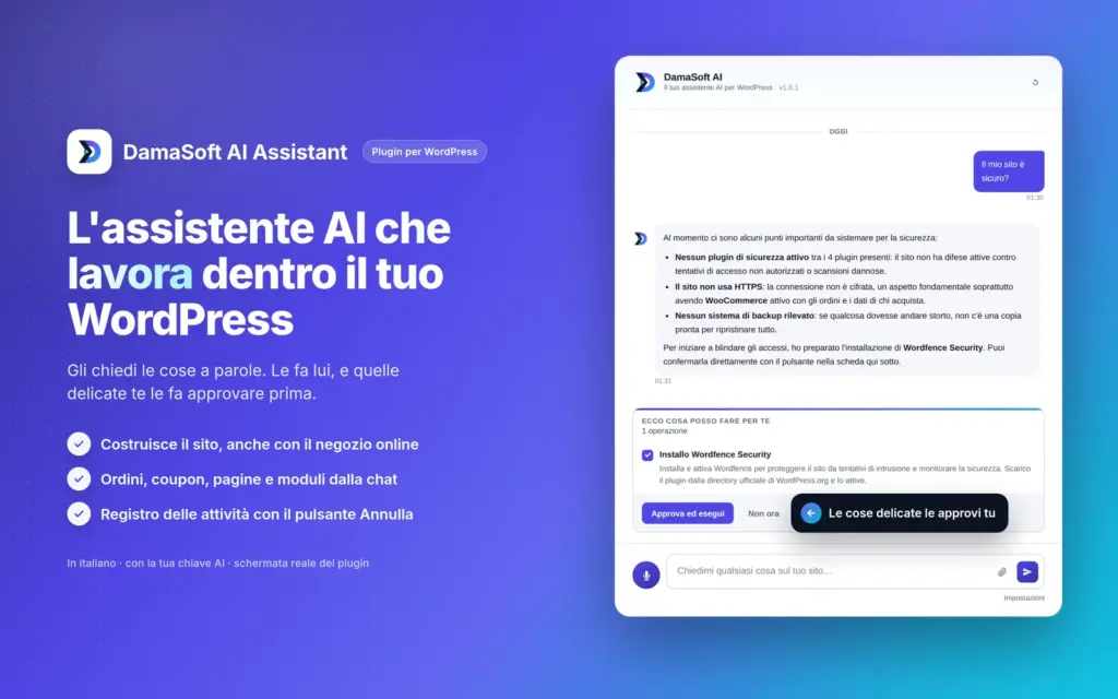 Una chat propone un intervento e attende la conferma. Demo originale 1.6.1 con dati inventati.