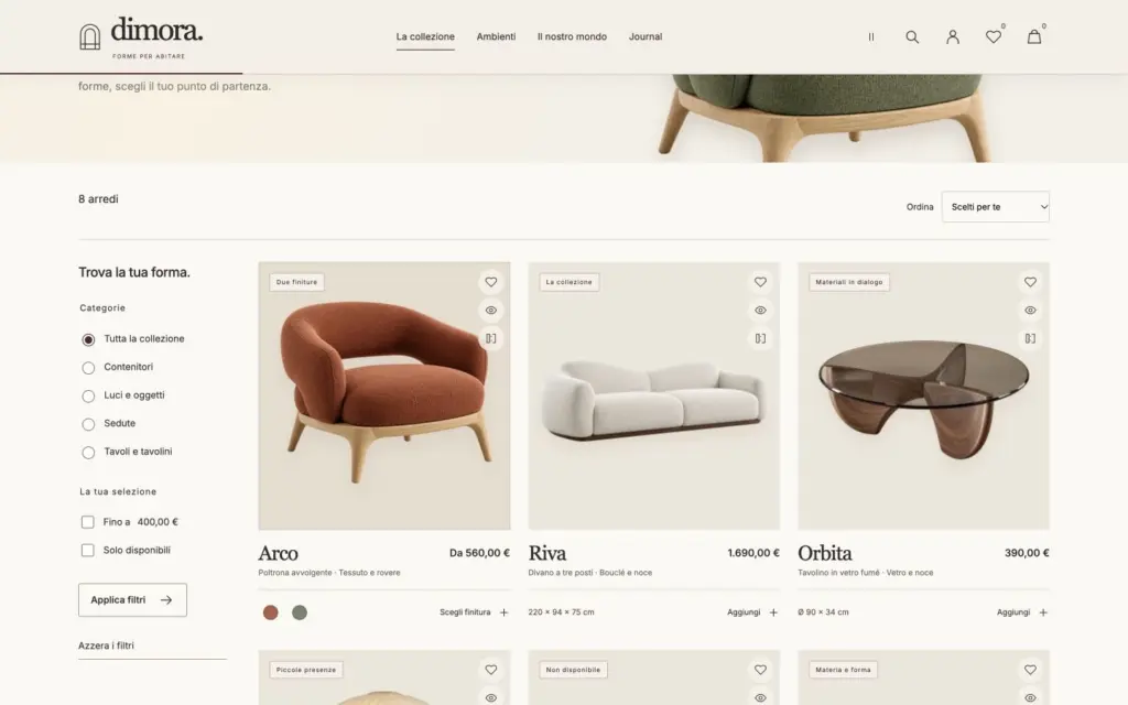 Catalogo Dimora con categorie, ordinamento e azioni per preferiti, anteprima e confronto