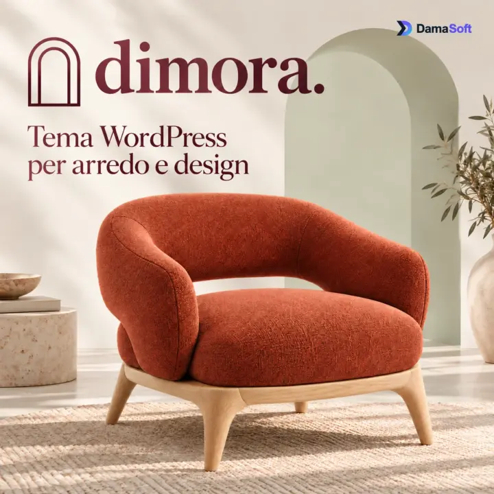 DamaSoft Dimora, tema WordPress per arredamento con poltrona terracotta e logo DamaSoft completo