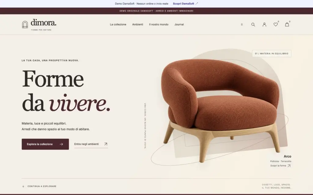 Home Dimora con poltrona terracotta, presentazione e accessi a collezione e ambienti