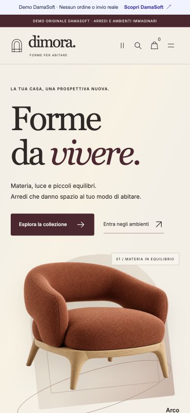 Home Dimora su telefono con navigazione compatta e presentazione della collezione
