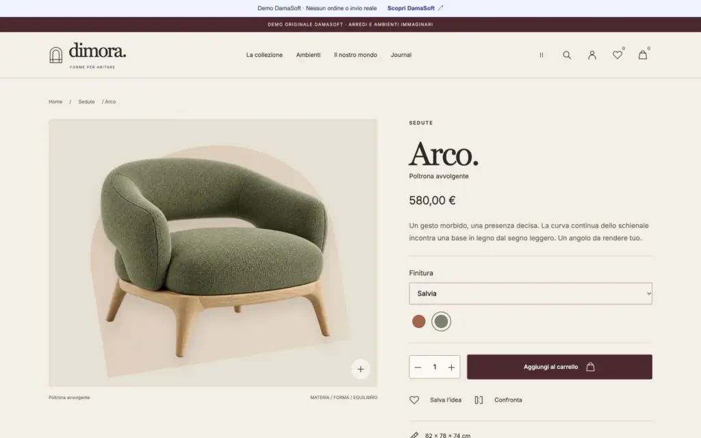 Scheda Arco con finitura Salvia selezionata, immagine coordinata, prezzo e quantità