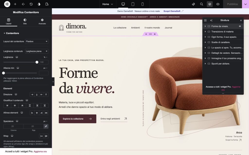 Editor Elementor Free di Dimora con l’elenco delle sezioni della Home aperto e nomi riconoscibili