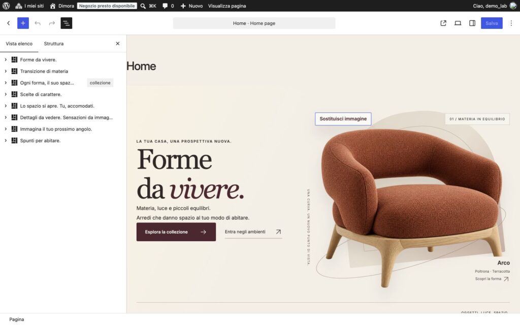 Editor Gutenberg di Dimora con l’elenco delle sezioni della Home aperto e nomi riconoscibili