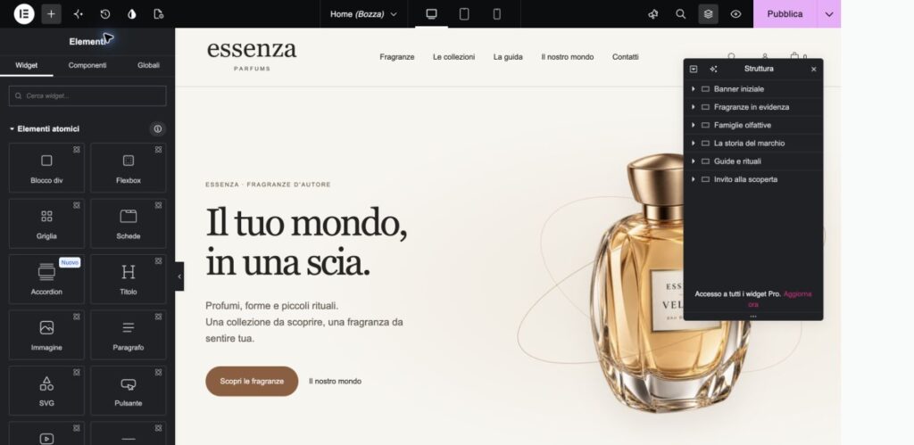 Editor Elementor Free di Essenza con l’elenco delle sezioni della Home aperto e nomi riconoscibili