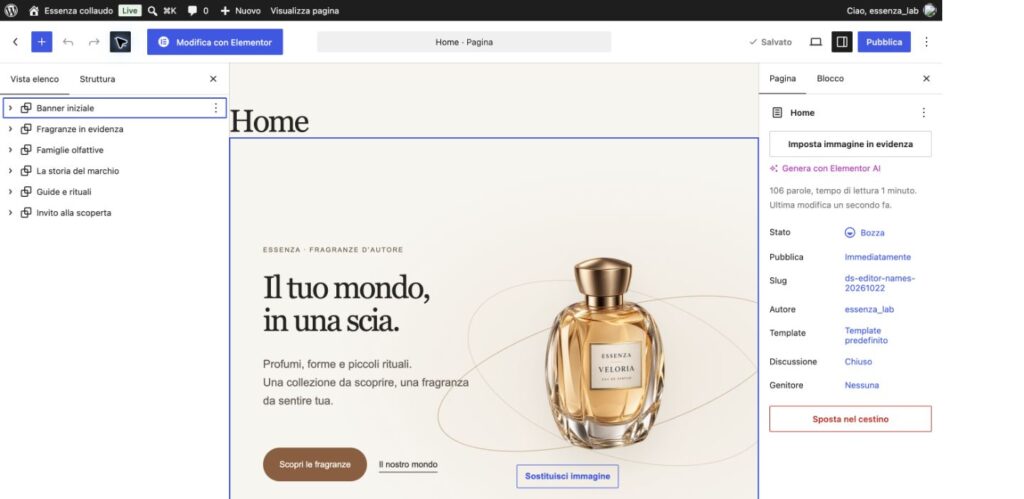 Editor Gutenberg di Essenza con l’elenco delle sezioni della Home aperto e nomi riconoscibili