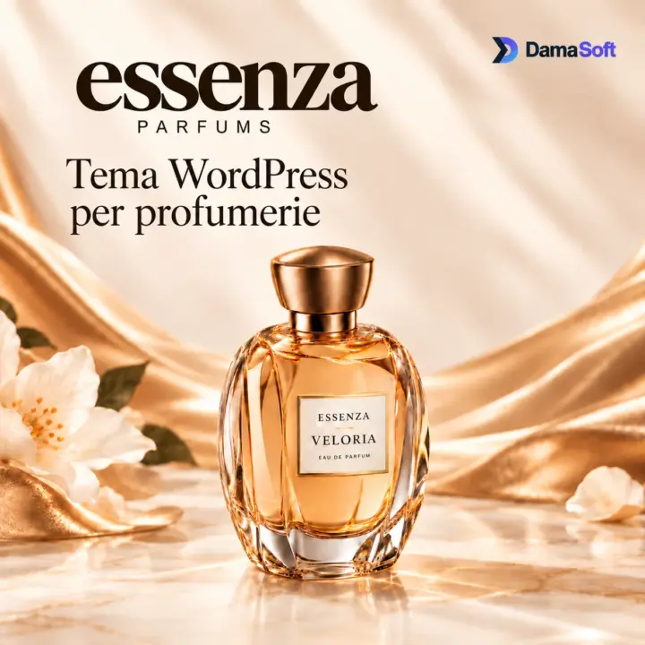 Logo Essenza e flacone di profumo ambrato su fondo satinato, firma DamaSoft