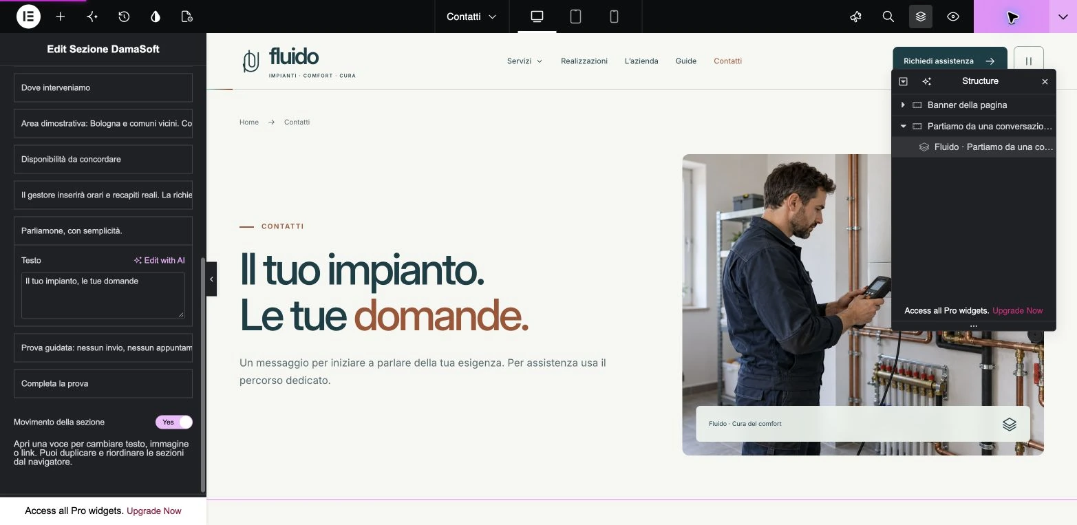 Elementor Free con campo di testo del modulo e navigatore delle sezioni Fluido