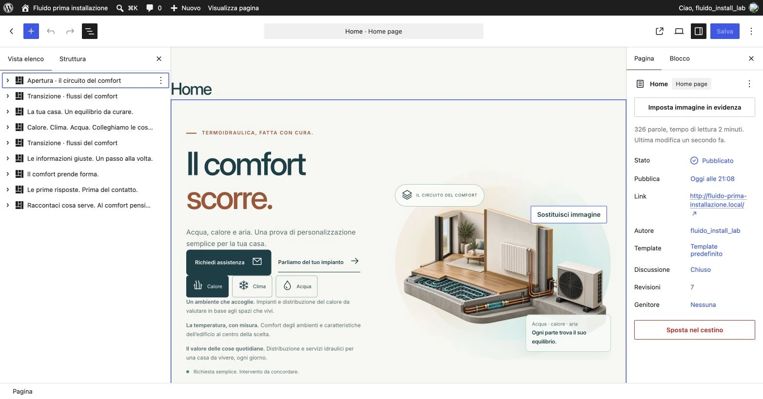 Vista elenco Gutenberg con sezioni Fluido riconoscibili e contenuti personalizzati