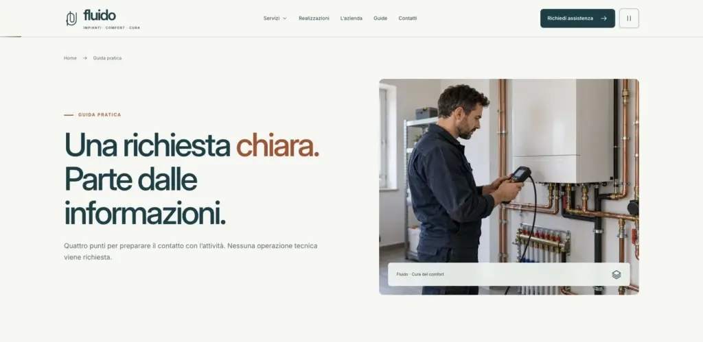 Pagina Guida pratica Fluido con titolo Una richiesta chiara parte dalle informazioni e immagine dimostrativa di un tecnico