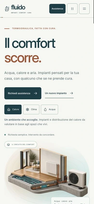 Home Fluido a 390 pixel con logo, menu compatto, pulsanti, tre modalità e scena del comfort