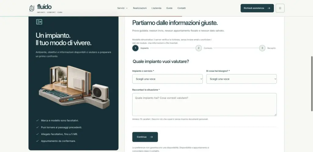 Modulo preventivo Fluido con passaggi Impianto, Contesto e Recapito e campi del primo passaggio