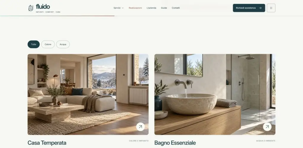 Portfolio Fluido con filtri Tutte, Calore e Acqua e i progetti illustrativi Casa Temperata e Bagno Essenziale