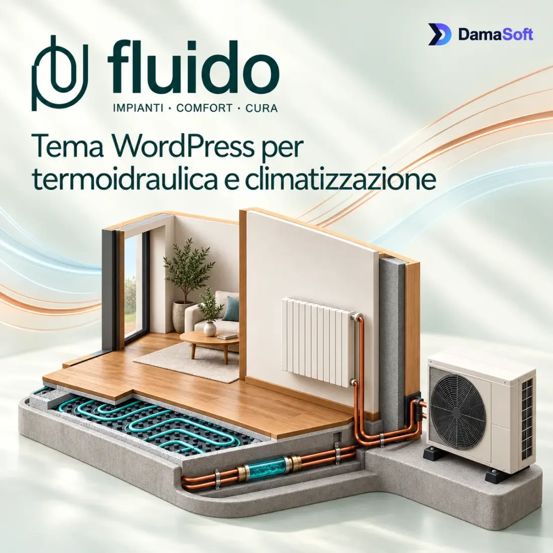 Logo Fluido e modello illustrativo con circuito radiante, radiatore e pompa di calore, su fondo dedicato con marchio DamaSoft completo