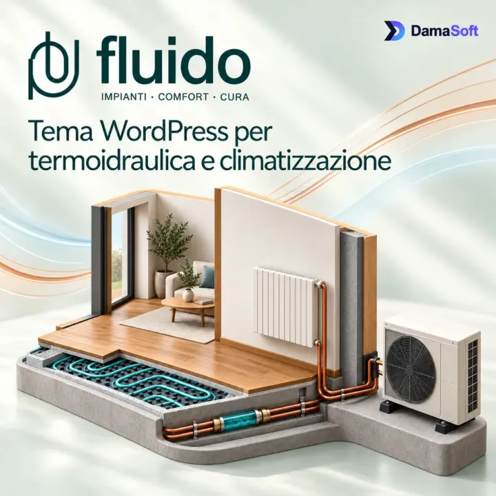 Logo Fluido e modello illustrativo con circuito radiante, radiatore e pompa di calore, su fondo dedicato con marchio DamaSoft completo
