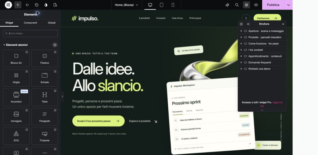 Editor Elementor Free di Impulso con l’elenco delle sezioni della Home aperto e nomi riconoscibili