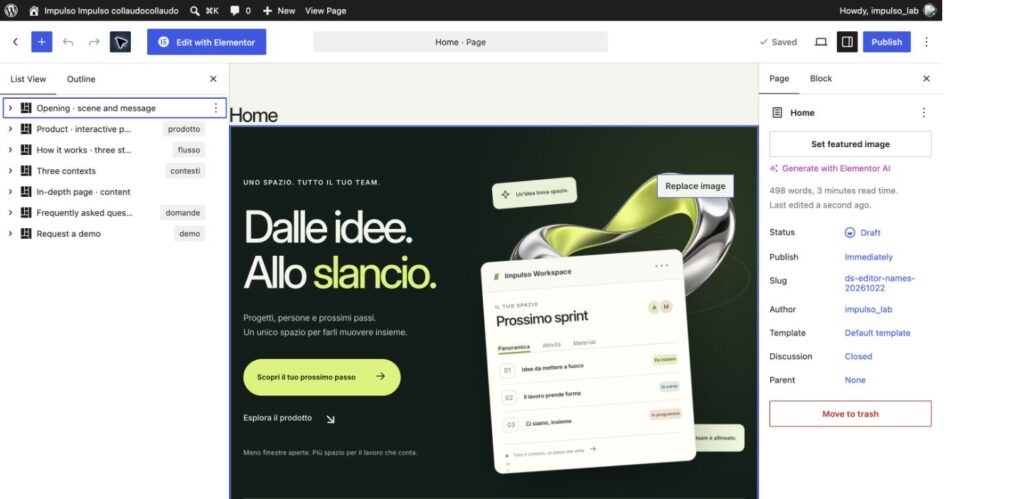 Editor Gutenberg di Impulso con l’elenco delle sezioni della Home aperto e nomi riconoscibili