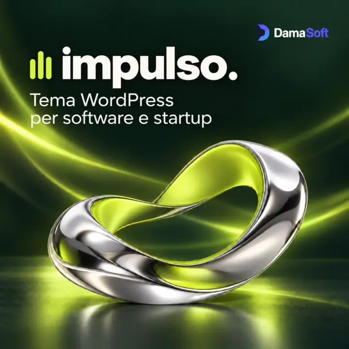 Logo Impulso con tre barre e scultura cromata verde lime, firma DamaSoft