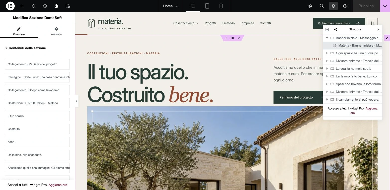 Elementor Free: i contenuti della sezione si modificano dal pannello sinistro, mentre Struttura permette di riconoscere e selezionare i contenitori.