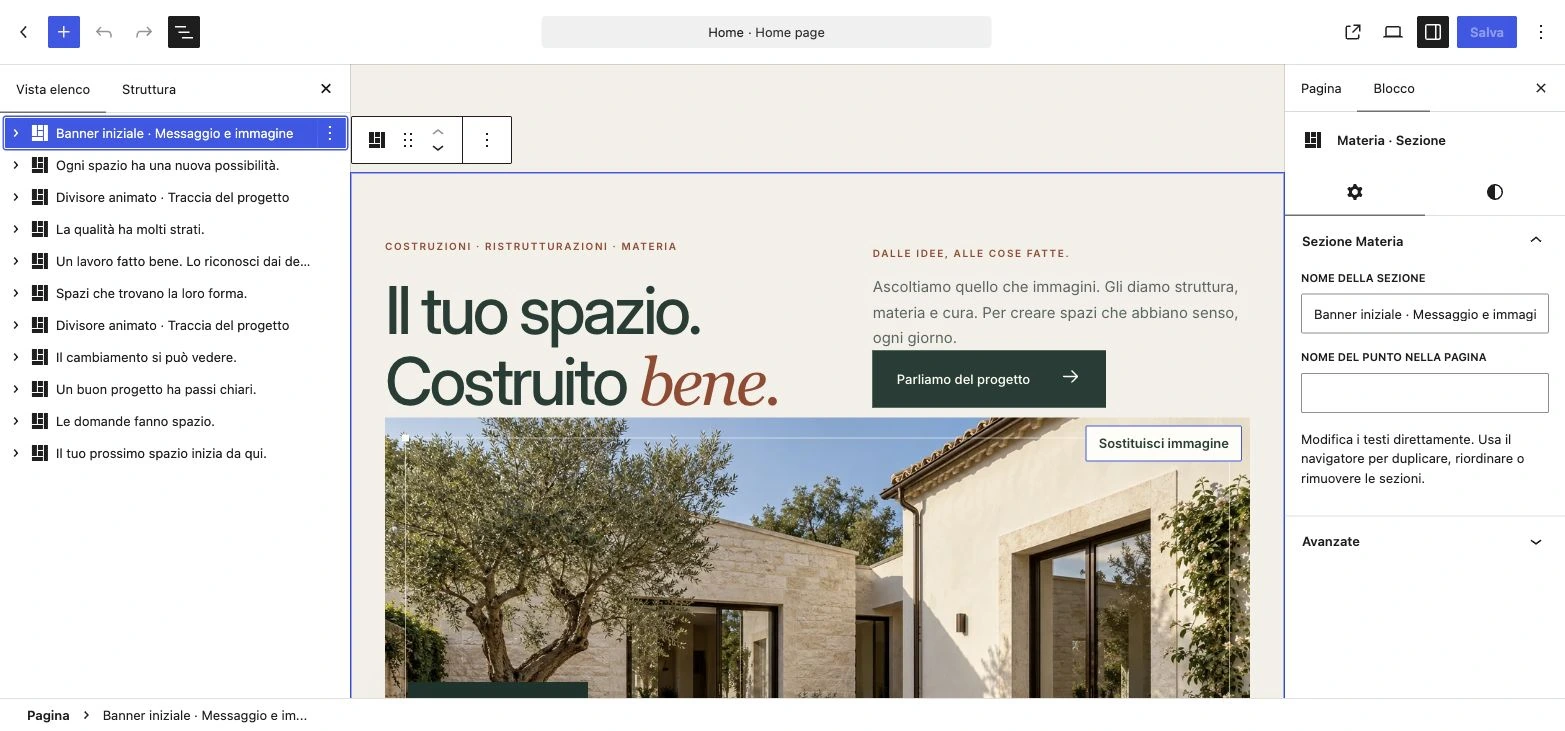 Gutenberg: la vista elenco identifica il banner iniziale e le altre sezioni; il pannello destro mostra i comandi della sezione selezionata.