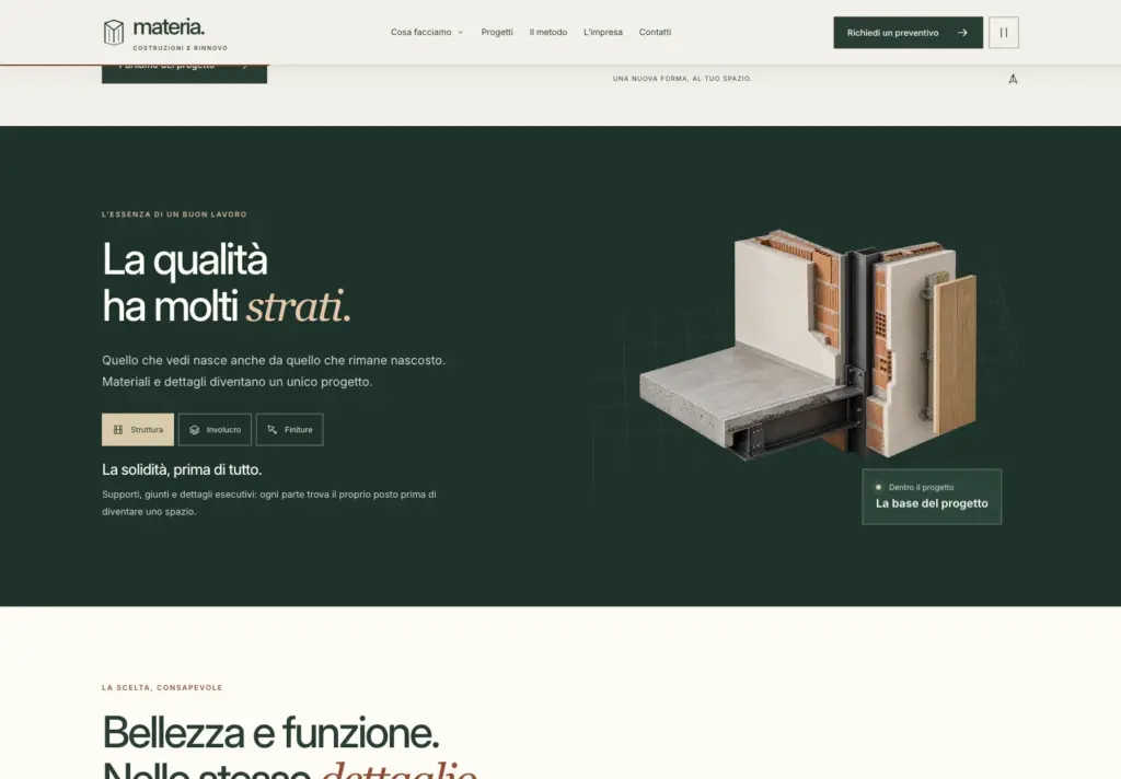 Scena architettonica Materia con le schede interattive Struttura, Involucro e Finiture