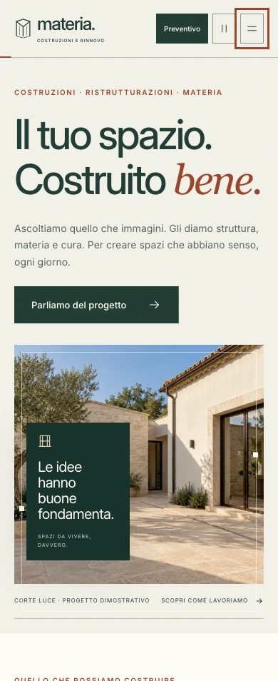 Home Materia su telefono con marchio, menu compatto, invito al progetto e immagine Corte Luce