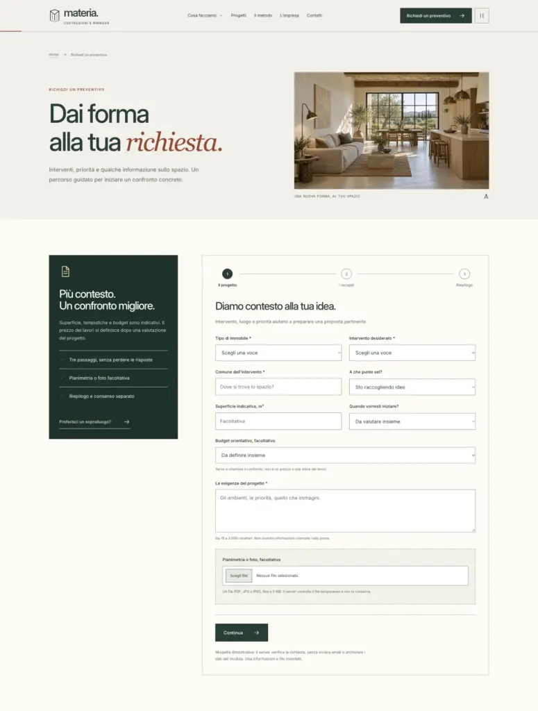 Modulo preventivo Materia con passaggi Il progetto, I recapiti e Riepilogo