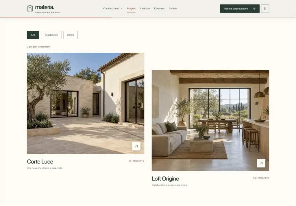 Portfolio Materia con filtri Tutti, Residenziali e Interni e i progetti Corte Luce e Loft Origine