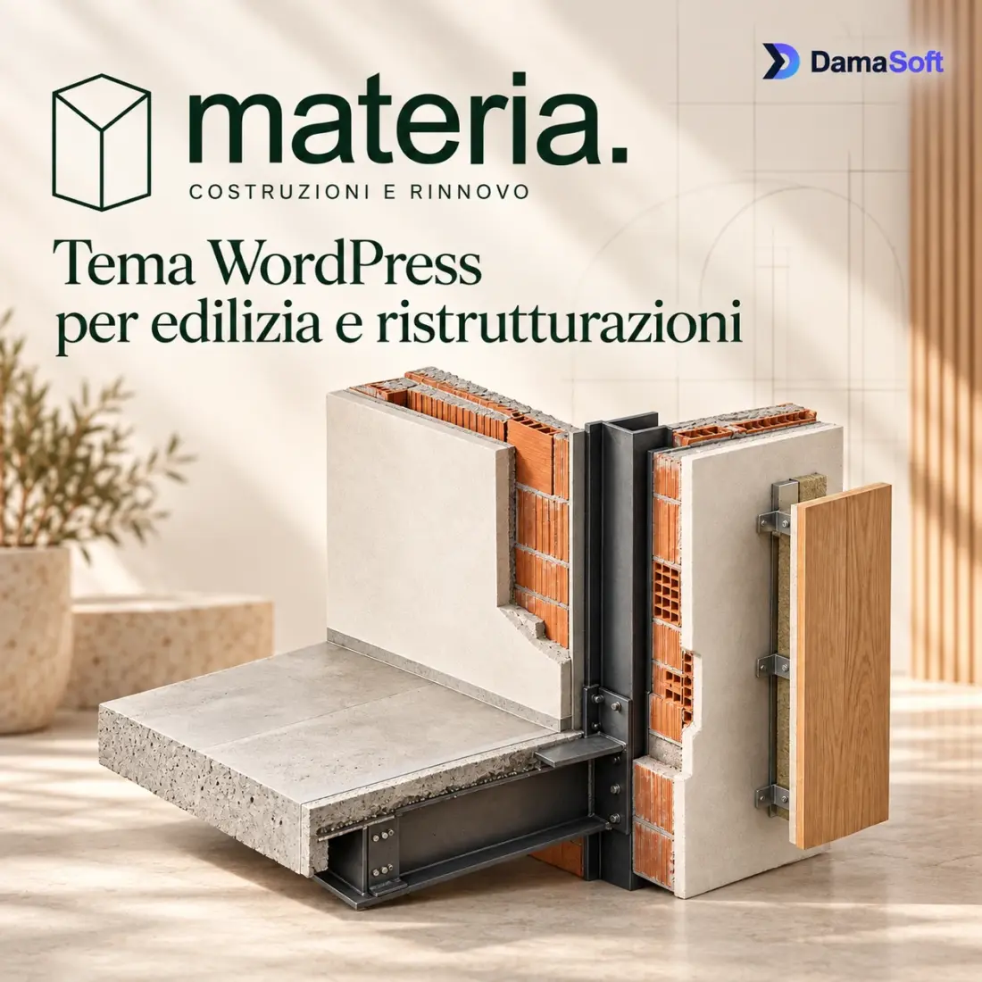 Logo Materia e modello architettonico di laterizio, intonaco e legno su fondo dedicato, con marchio DamaSoft completo