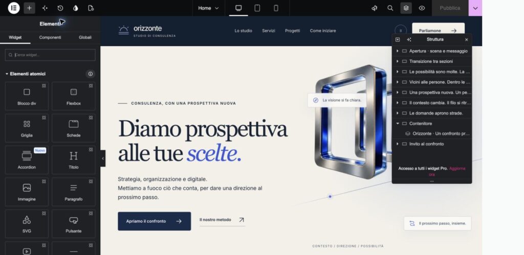 Editor Elementor Free di Orizzonte con l’elenco delle sezioni della Home aperto e nomi riconoscibili
