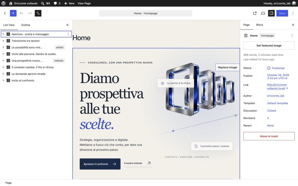 Editor Gutenberg di Orizzonte con l’elenco delle sezioni della Home aperto e nomi riconoscibili