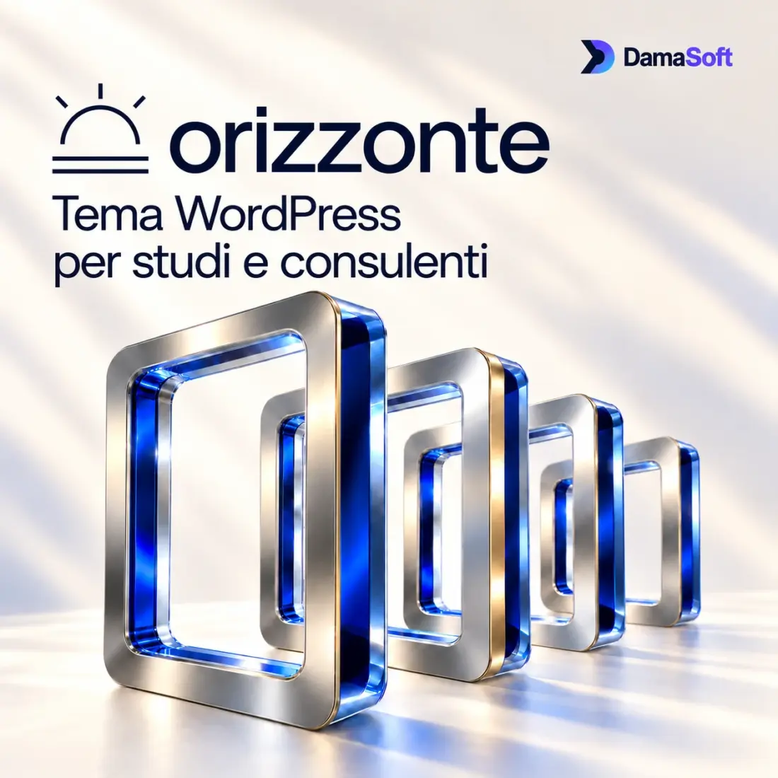 Logo Orizzonte con sole stilizzato e portali blu e argento, firma DamaSoft