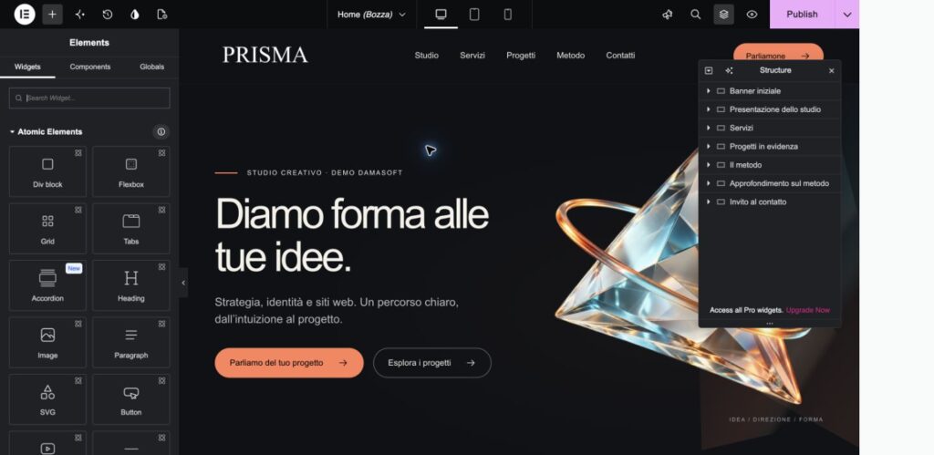 Editor Elementor Free di Prisma con l’elenco delle sezioni della Home aperto e nomi riconoscibili