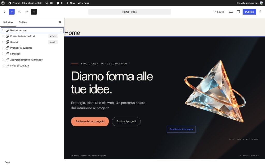 Editor Gutenberg di Prisma con l’elenco delle sezioni della Home aperto e nomi riconoscibili