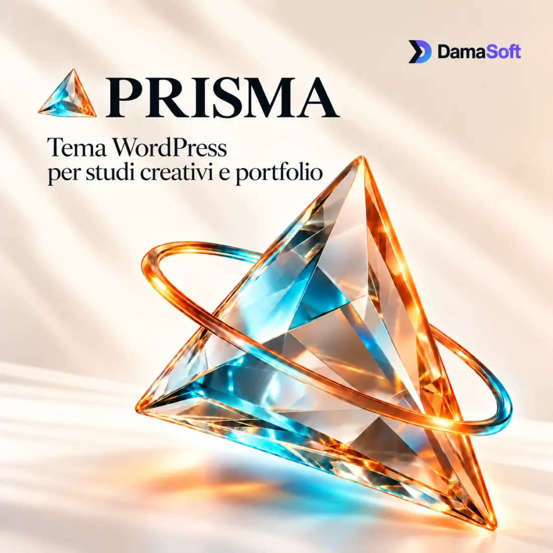 Logo Prisma e prisma di vetro con riflessi arancio e azzurri, firma DamaSoft