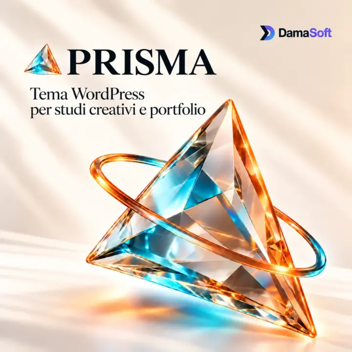 Logo Prisma e prisma di vetro con riflessi arancio e azzurri, firma DamaSoft