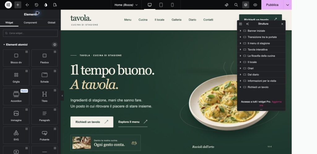 Editor Elementor Free di Tavola con l’elenco delle sezioni della Home aperto e nomi riconoscibili