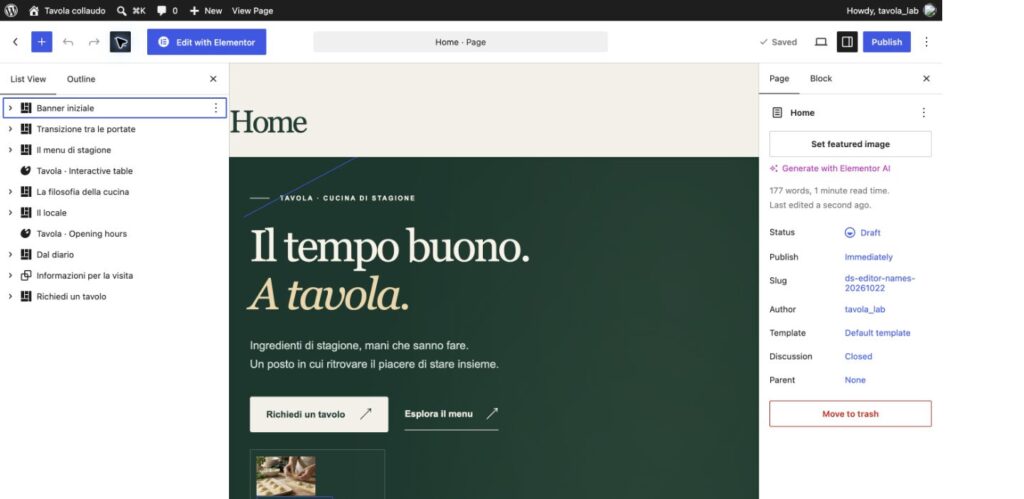 Editor Gutenberg di Tavola con l’elenco delle sezioni della Home aperto e nomi riconoscibili