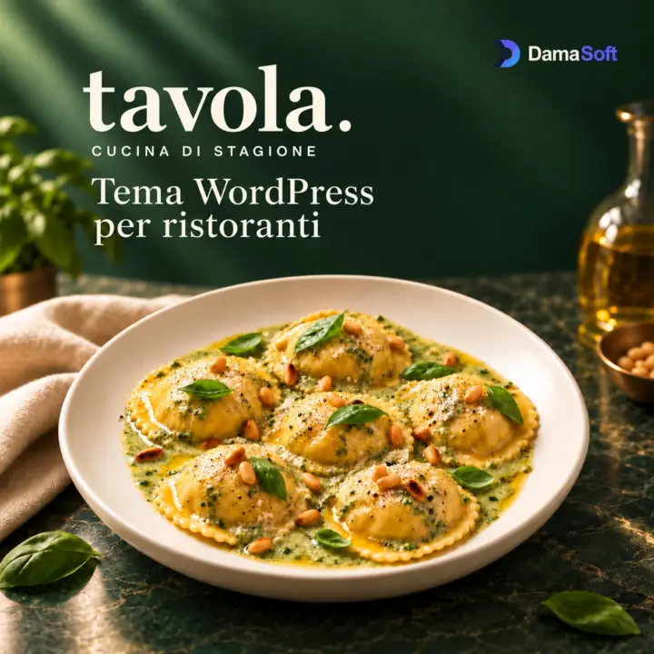 Logo Tavola e piatto di ravioli al basilico su fondo verde, firma DamaSoft