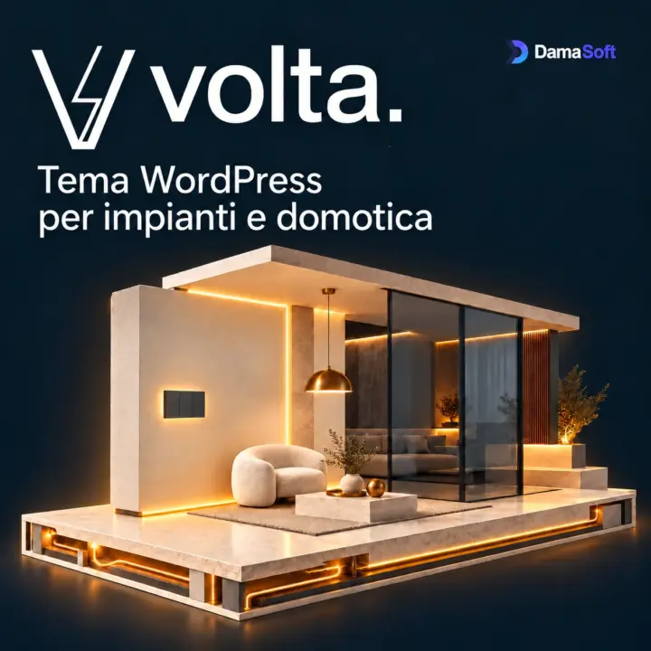 DamaSoft Volta, copertina del tema WordPress con casa illuminata e logo DamaSoft completo