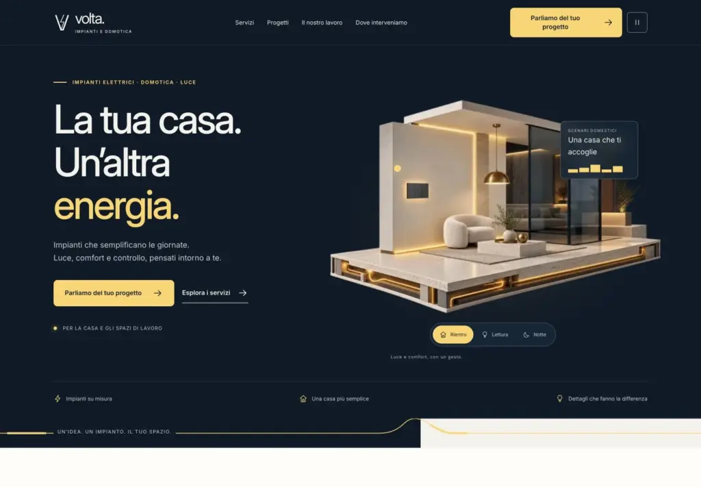 Home Volta con casa a sezione illuminata e scenari Rientro, Lettura e Notte