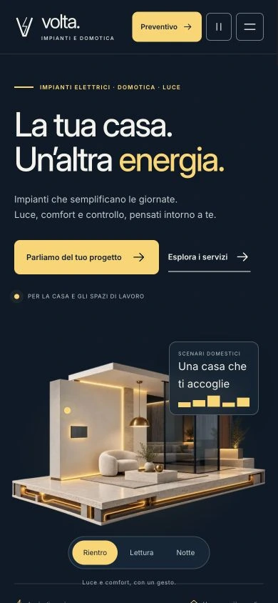 Home Volta a 390 pixel con navigazione compatta, titolo e scena della casa