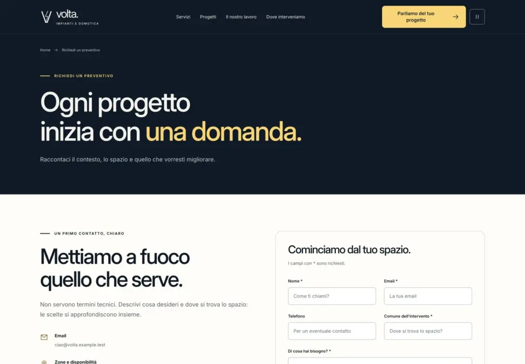 Pagina Preventivo Volta con spiegazione della richiesta e modulo di contatto