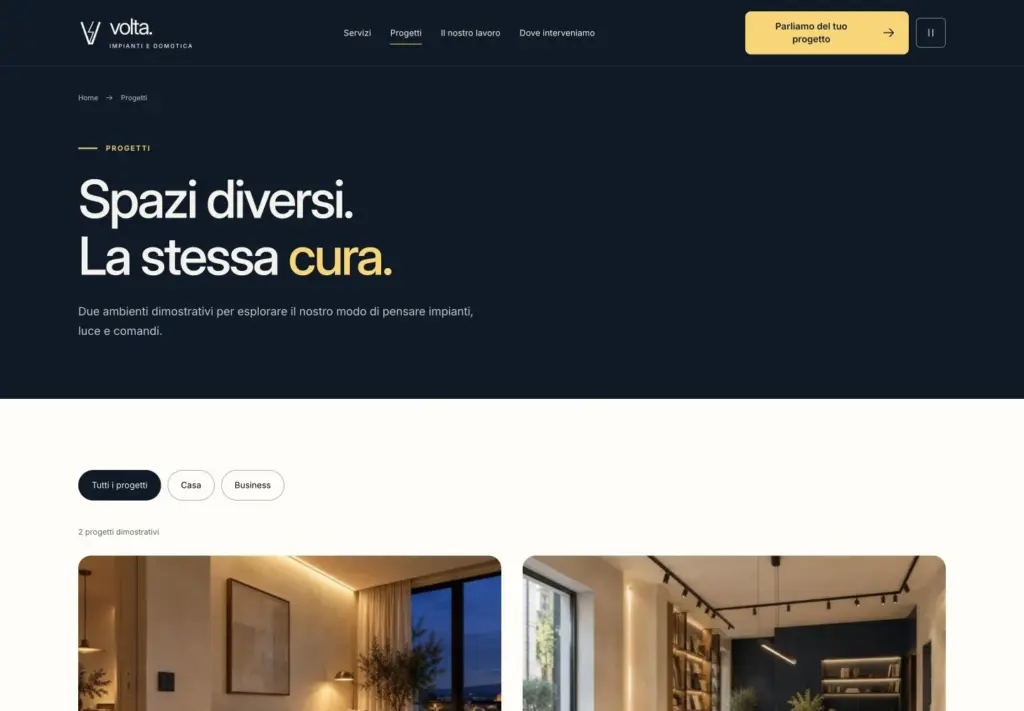 Pagina Progetti Volta con filtri e anteprime dei due lavori dimostrativi