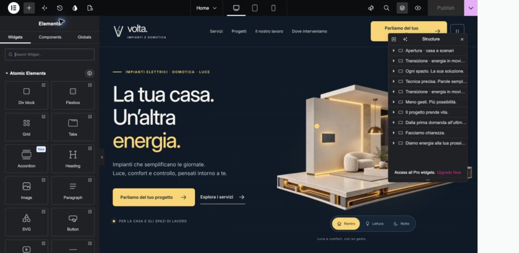 Editor Elementor Free di Volta con l’elenco delle sezioni della Home aperto e nomi riconoscibili