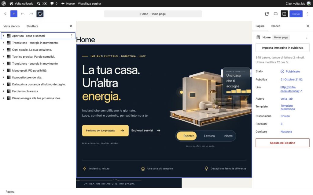 Editor Gutenberg di Volta con l’elenco delle sezioni della Home aperto e nomi riconoscibili