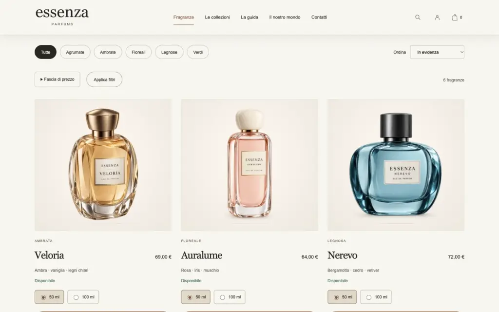 Catalogo Essenza con famiglie olfattive, filtri e fragranze dimostrative