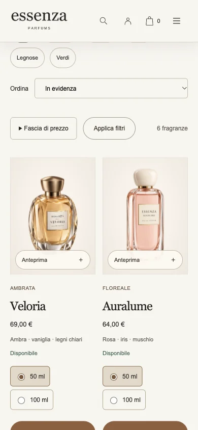 Catalogo mobile Essenza con filtri e schede delle fragranze